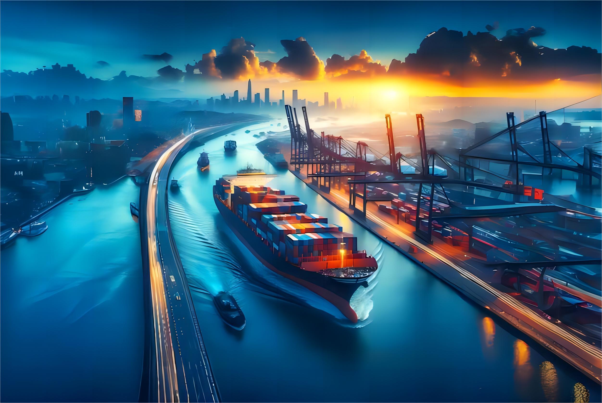 Modern cargo ship transporting containers from China to the United Kingdom